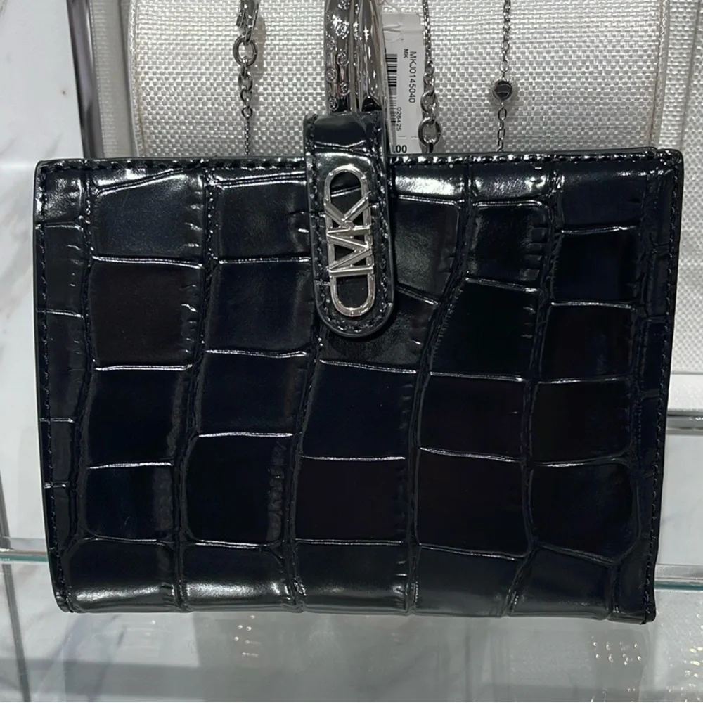Michael Kors Empire Metallic Crocodile Embossed Leather Passport Wallet Black